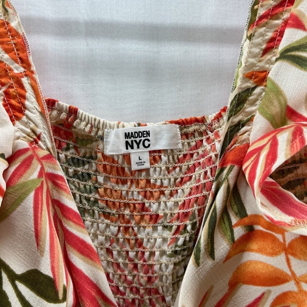 Madden NYC Dress Womens Sz L Juniors Flutter Sleeve Cut Out Boho Tropical Orange - Picture 9 of 13